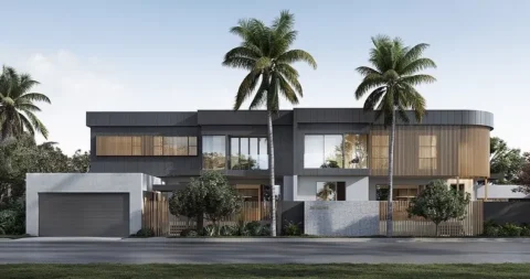 Modern house with palm trees and garage